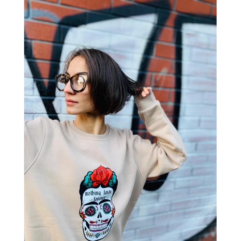 Unisex Sweatshirt Bisiklet Yaka Frida Bej